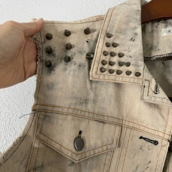 Rehab Denim Studded Vest with Leopard Print Fabric in Back Tie Dye Size Small - Picture 6 of 11